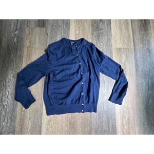 Lands End Cardigan Sweater Womens Size M 10-12 Navy Blue Excellent Crewneck Knit